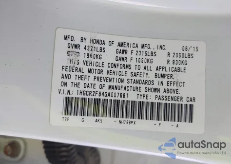 2016 Honda Accord Ex-L z USA, uszkodzony, nr VIN 1HGCR2F84GA007681